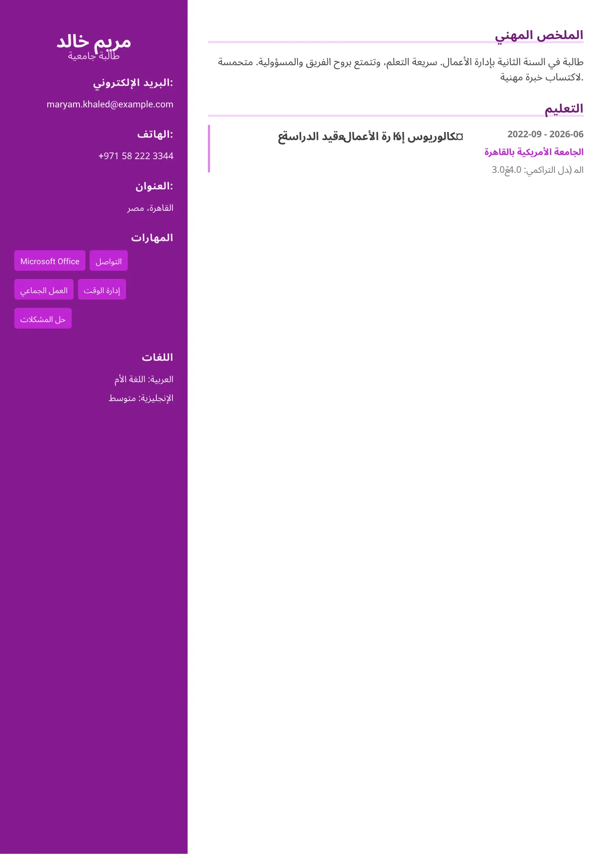 نموذج سيرة ذاتية: متدرب – لمسة إبداعية (1/1)