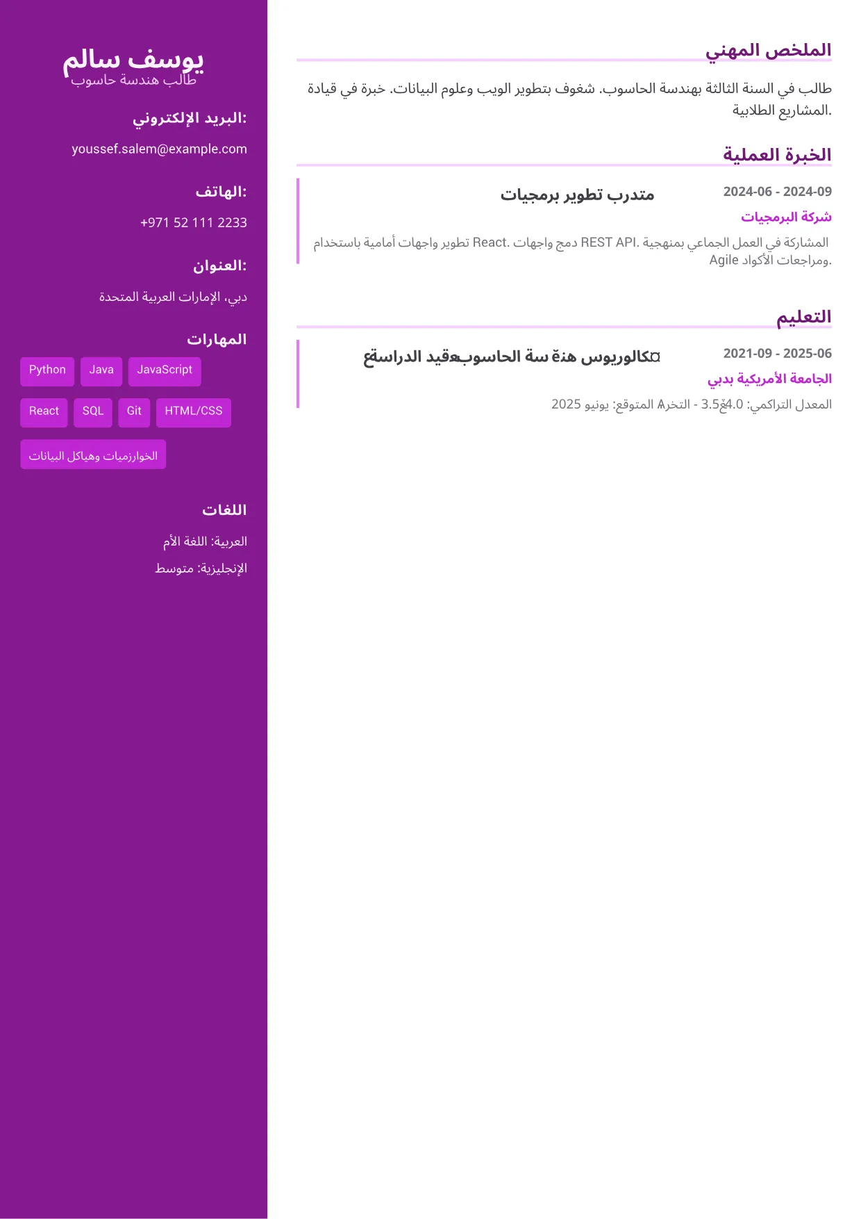 نموذج سيرة ذاتية: متدرب هندسة – لمسة إبداعية (1/1)