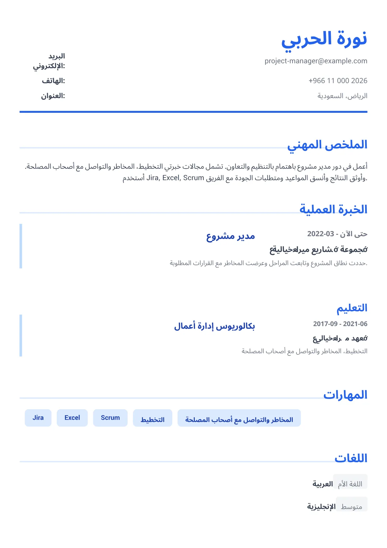 نموذج سيرة ذاتية: مدير مشروع – أزرق تنفيذي (1/1)