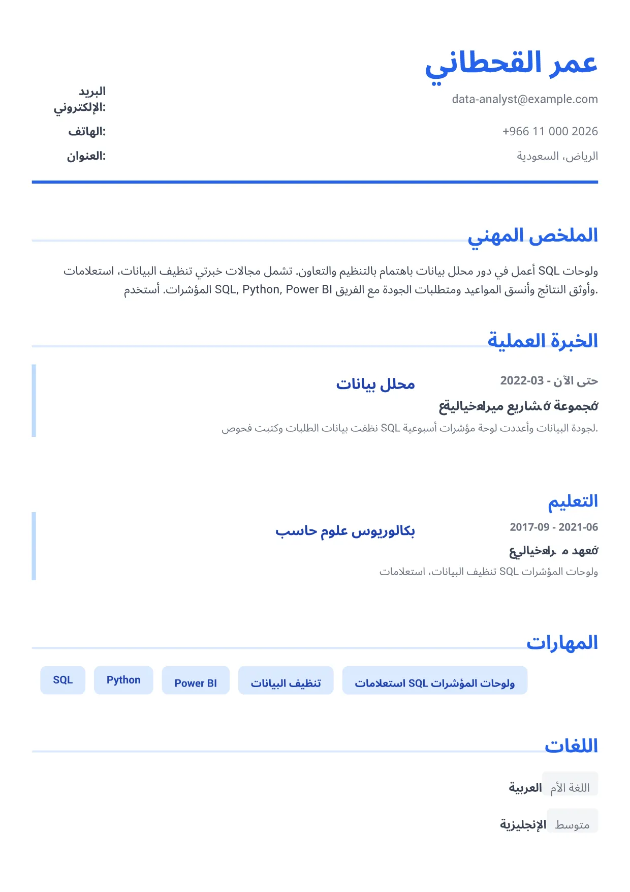 نموذج سيرة ذاتية: محلل بيانات – أزرق تنفيذي (1/1)