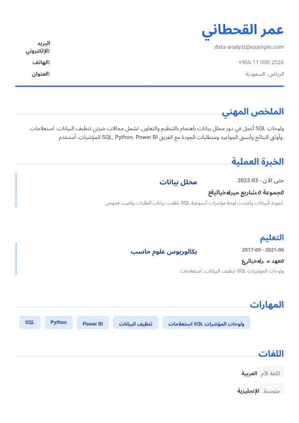 محلل بيانات CV – أزرق تنفيذي