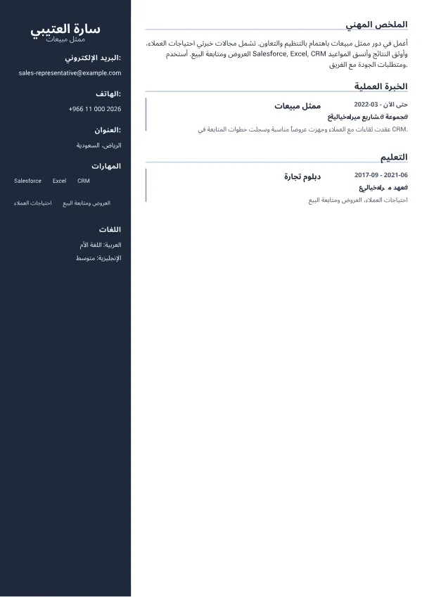 ممثل مبيعات CV – شريط جانبي احترافي