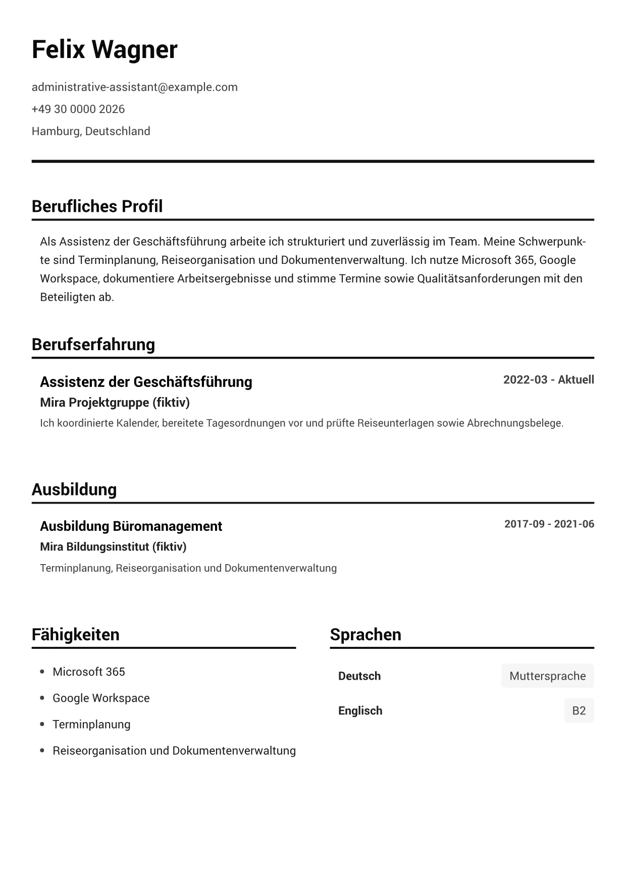 Lebenslauf-Beispiel: Assistenz der Geschäftsführung – Schwarz-Weiß Klar (1/1)