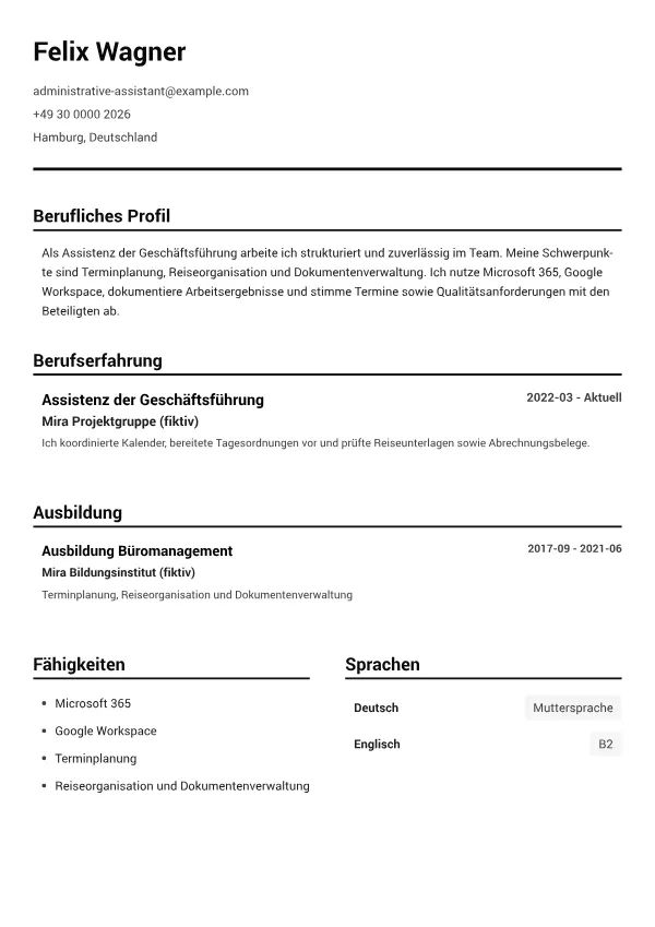 Assistenz der Geschäftsführung CV – Schwarz-Weiß Klar