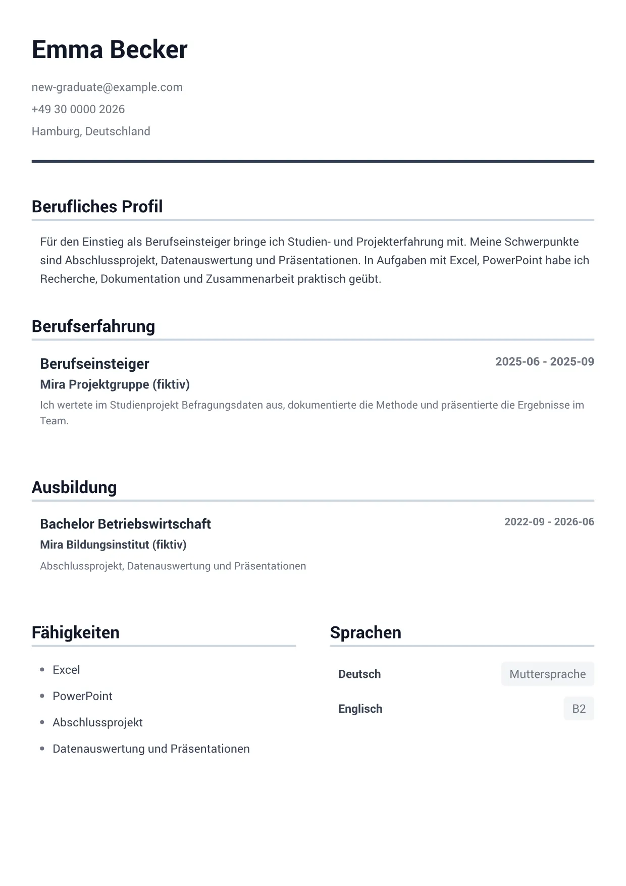 Lebenslauf-Beispiel: Berufseinsteiger – Minimal Grau (1/1)