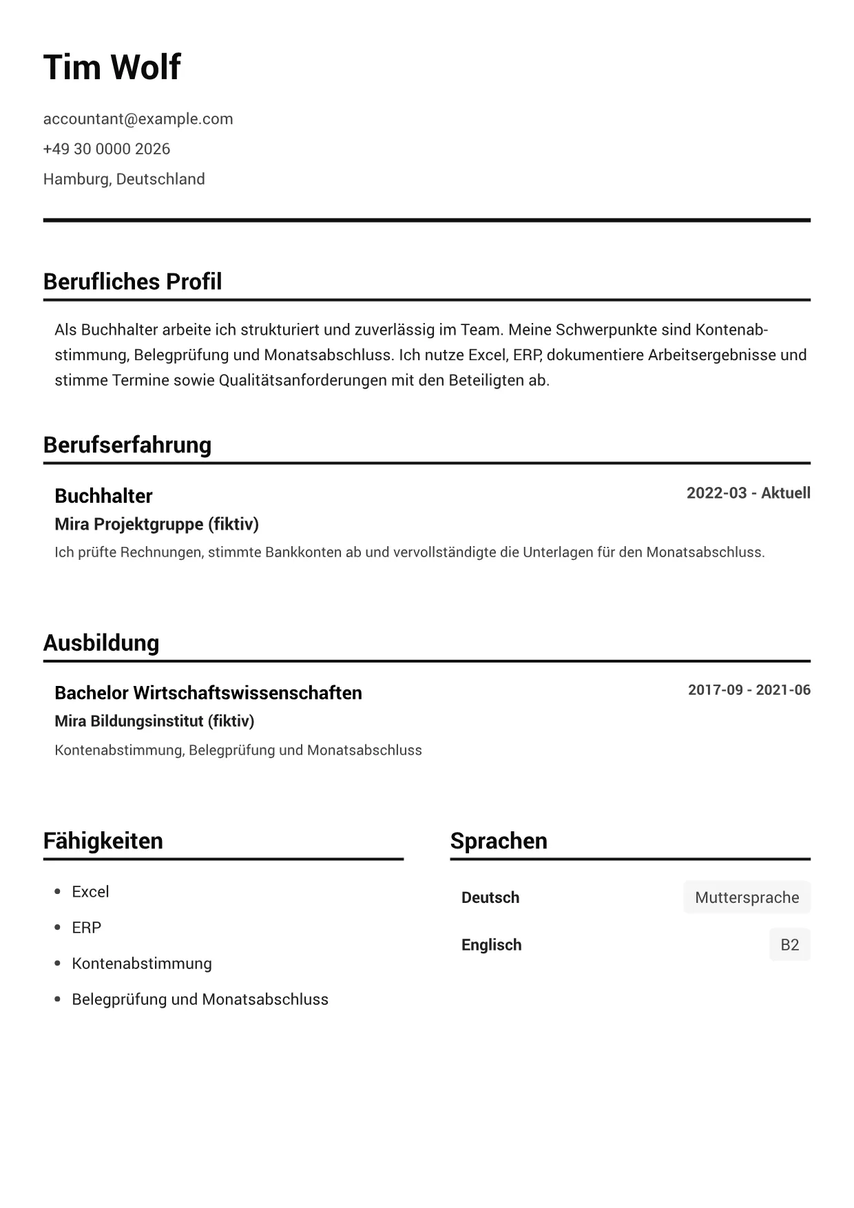 Lebenslauf-Beispiel: Buchhalter – Schwarz-Weiß Klar (1/1)