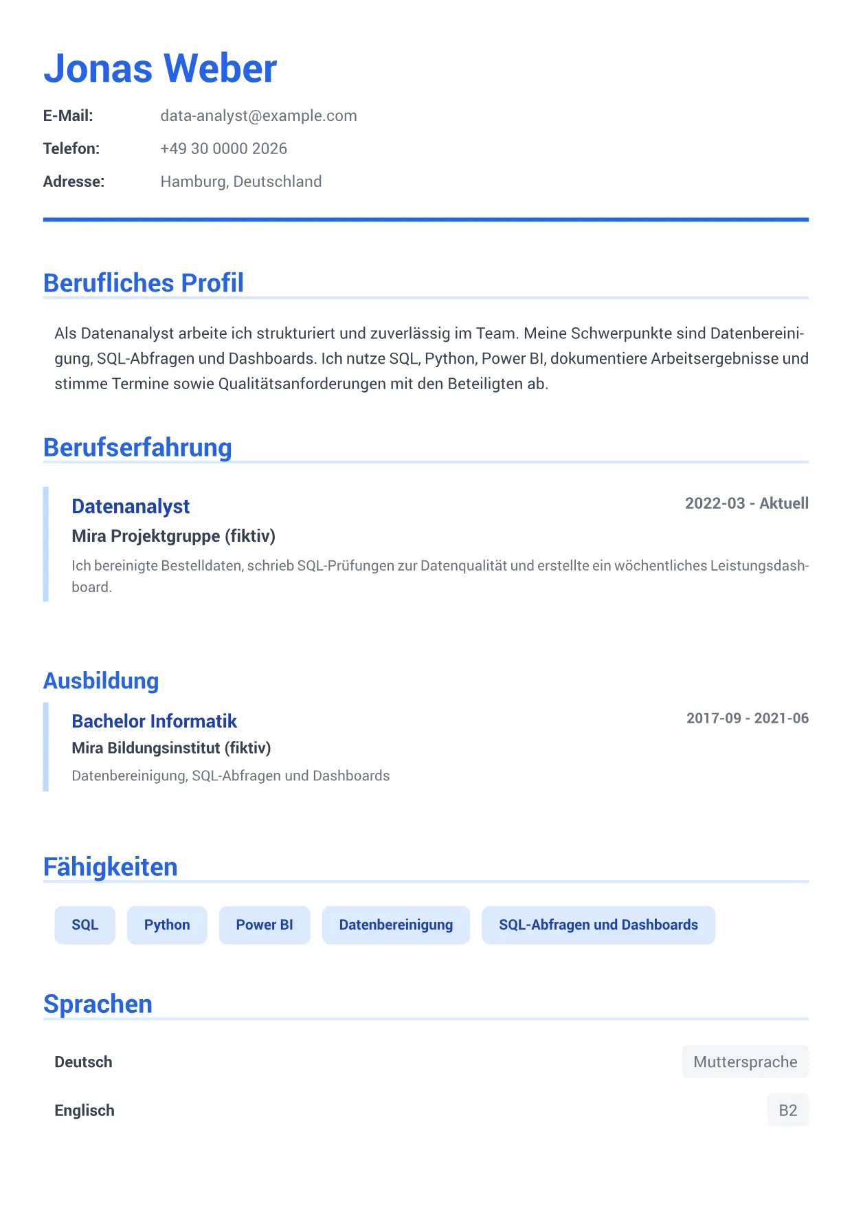 Lebenslauf-Beispiel: Datenanalyst – Executive Blau (1/1)
