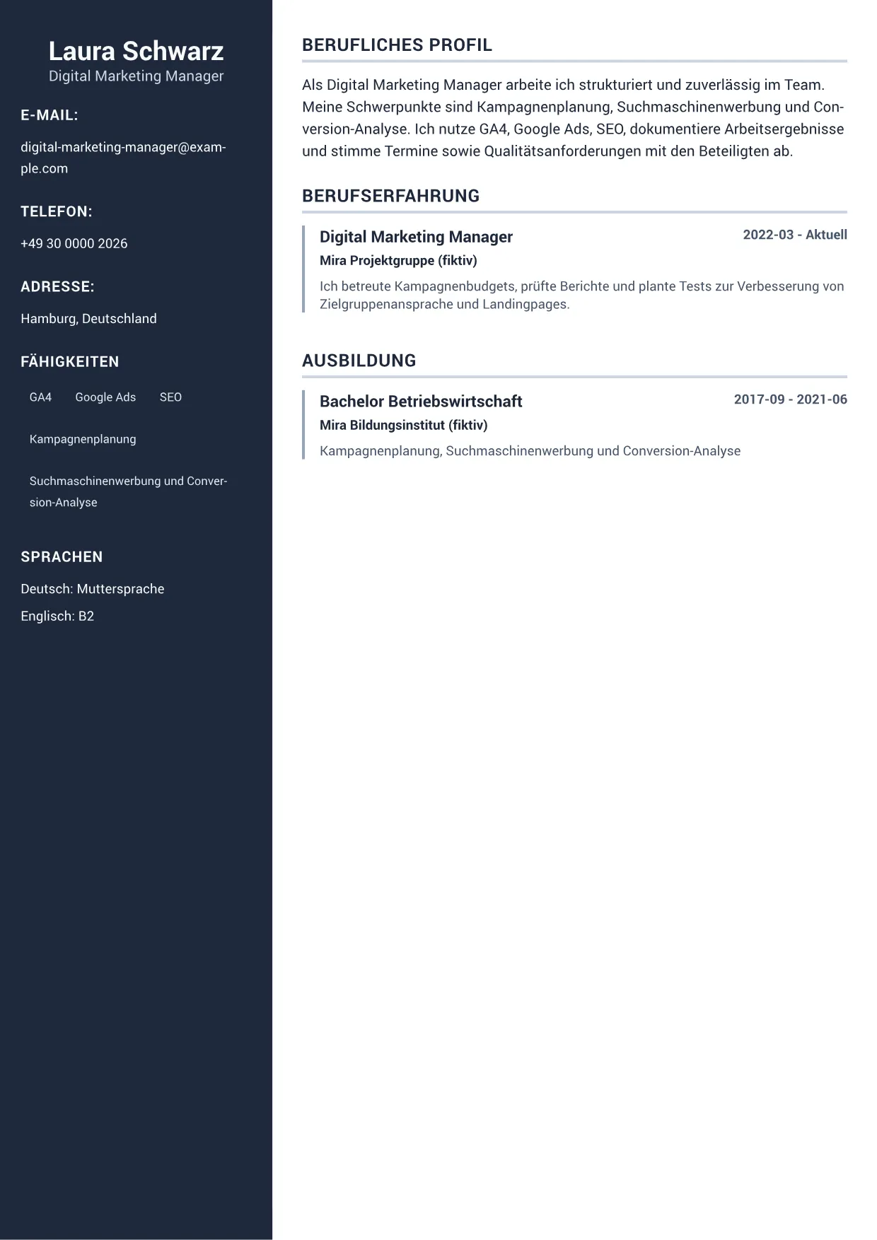 Lebenslauf-Beispiel: Digital Marketing Manager – Professionelle Seitenleiste (1/1)
