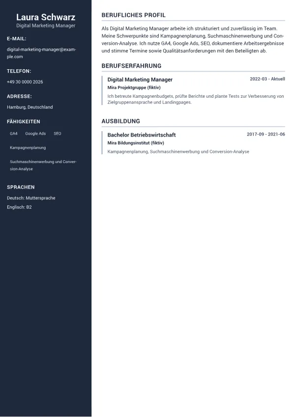 Digital Marketing Manager CV – Professionelle Seitenleiste