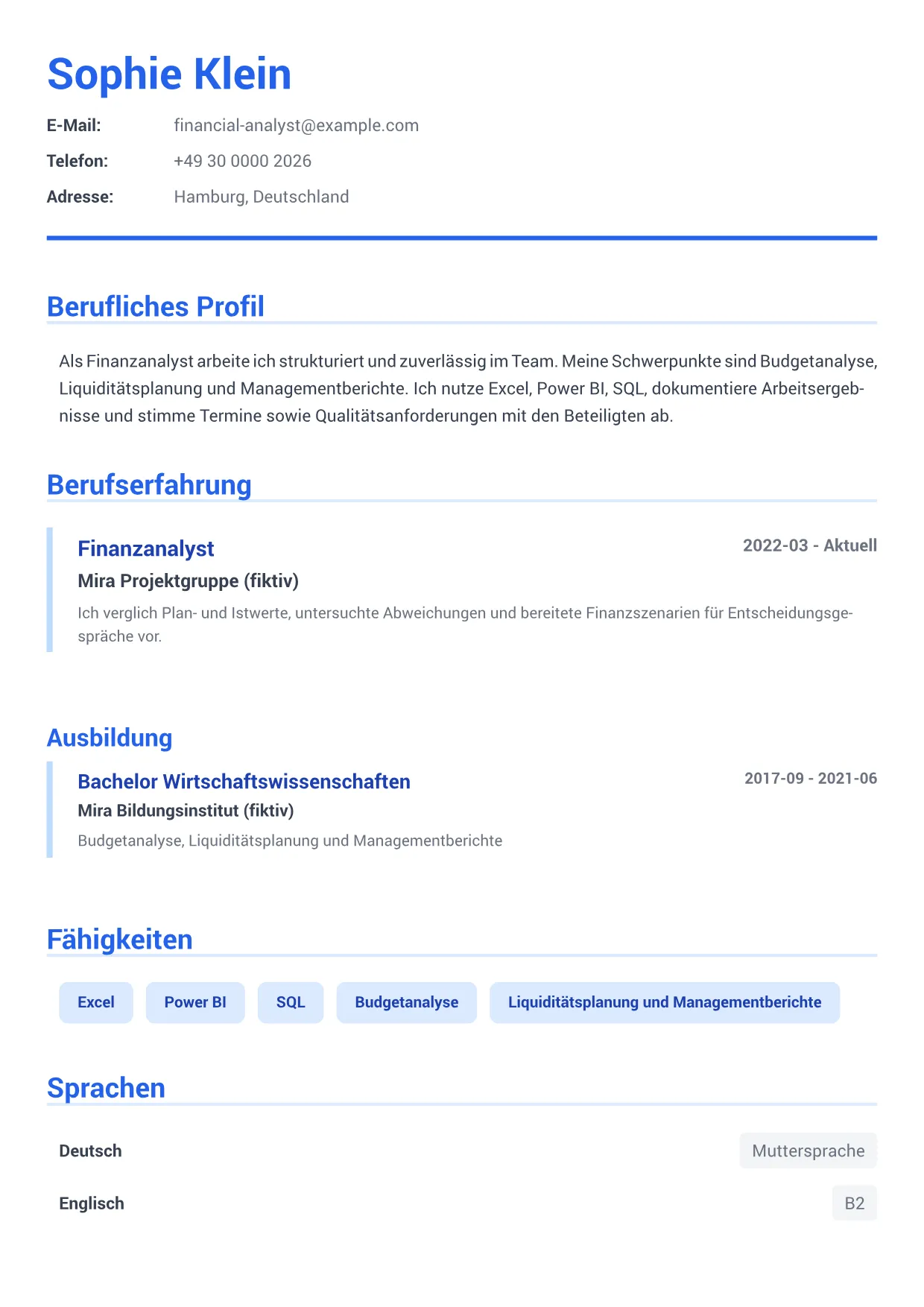 Lebenslauf-Beispiel: Finanzanalyst – Executive Blau (1/1)