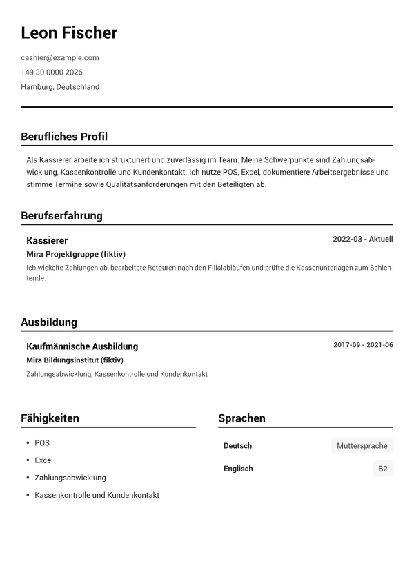 Kassierer CV – Schwarz-Weiß Klar