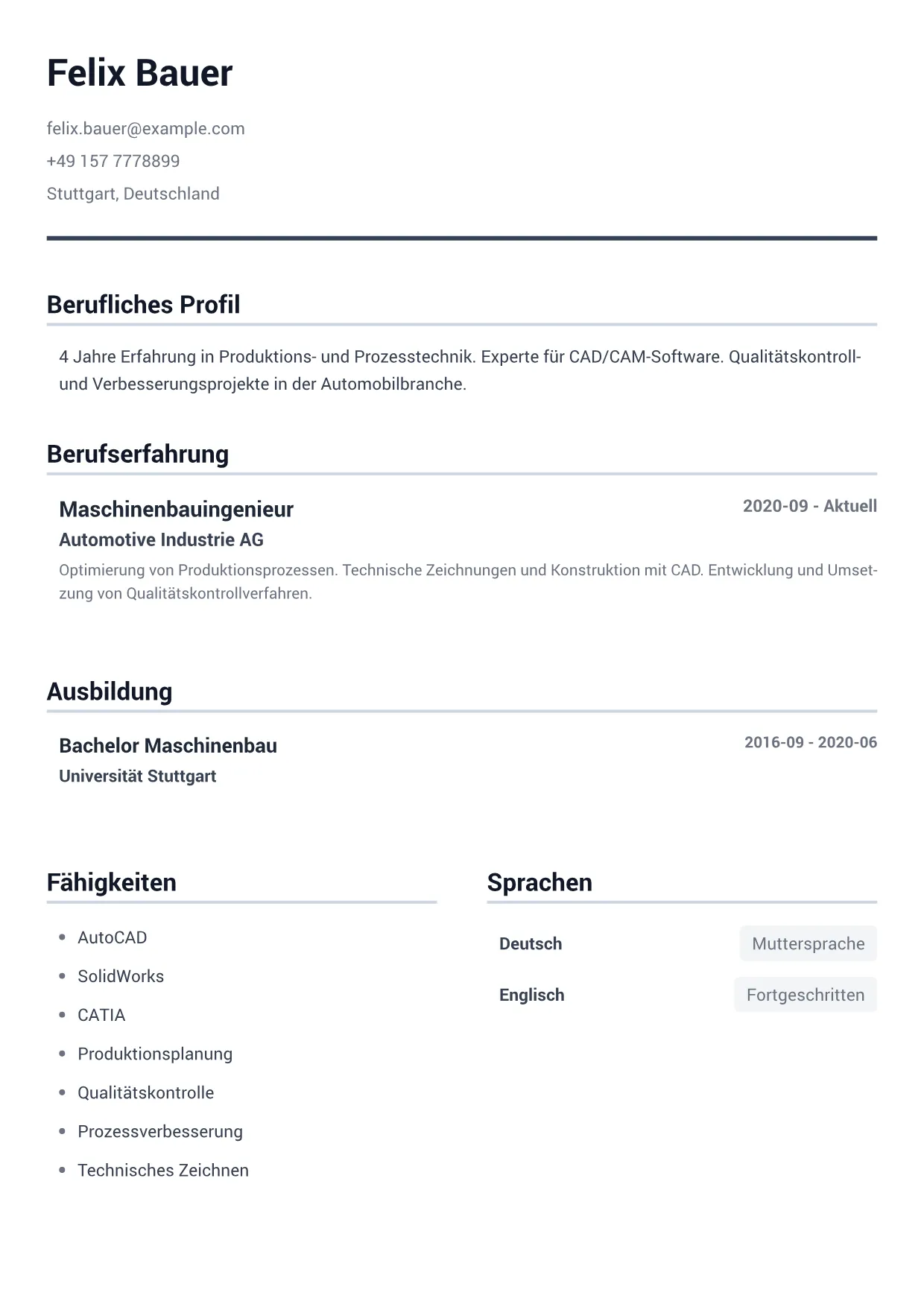 Lebenslauf-Beispiel: Maschinenbauingenieur – Minimal Grau (1/1)