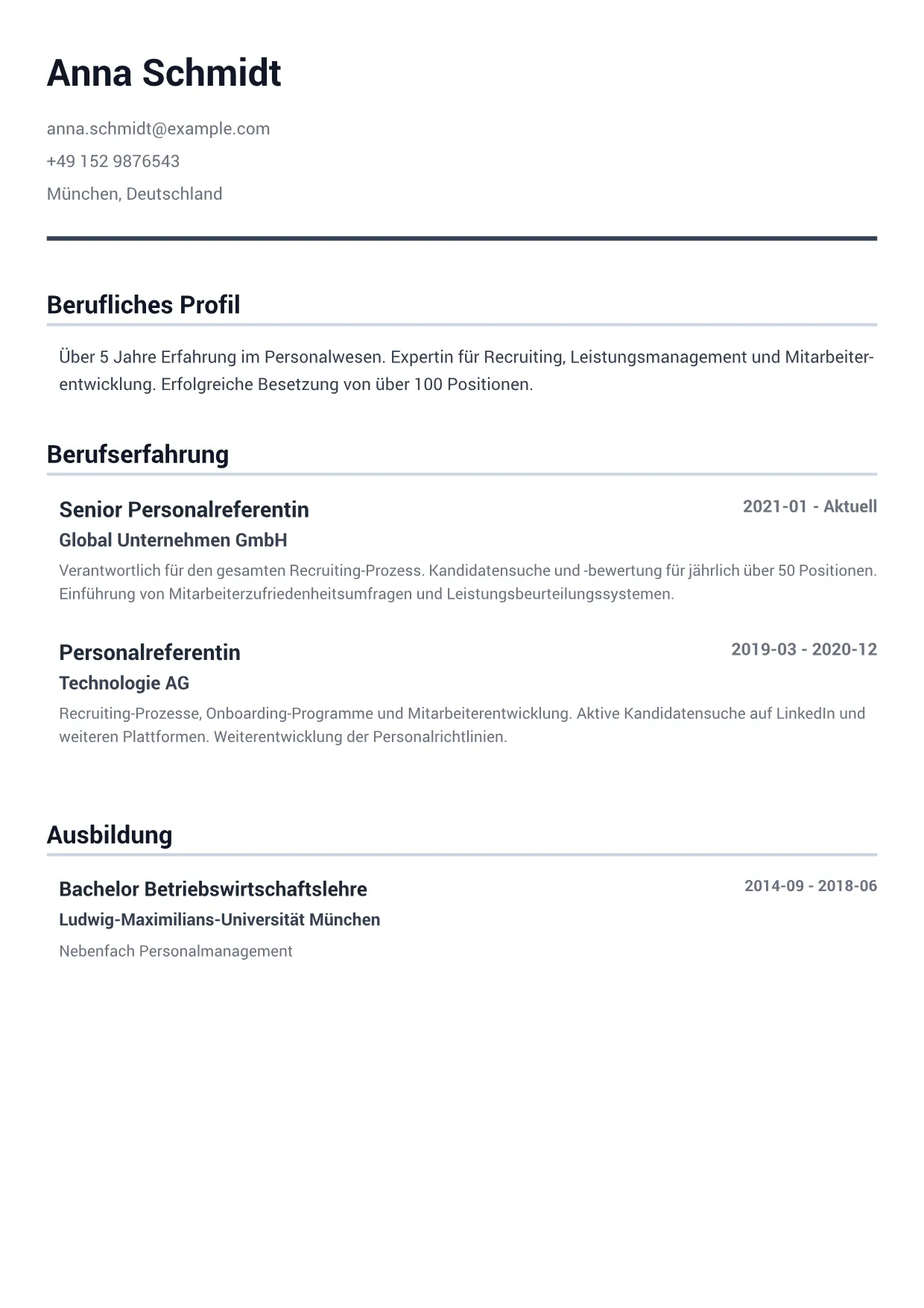 Lebenslauf-Beispiel: Personalreferentin – Minimal Grau (1/2)
