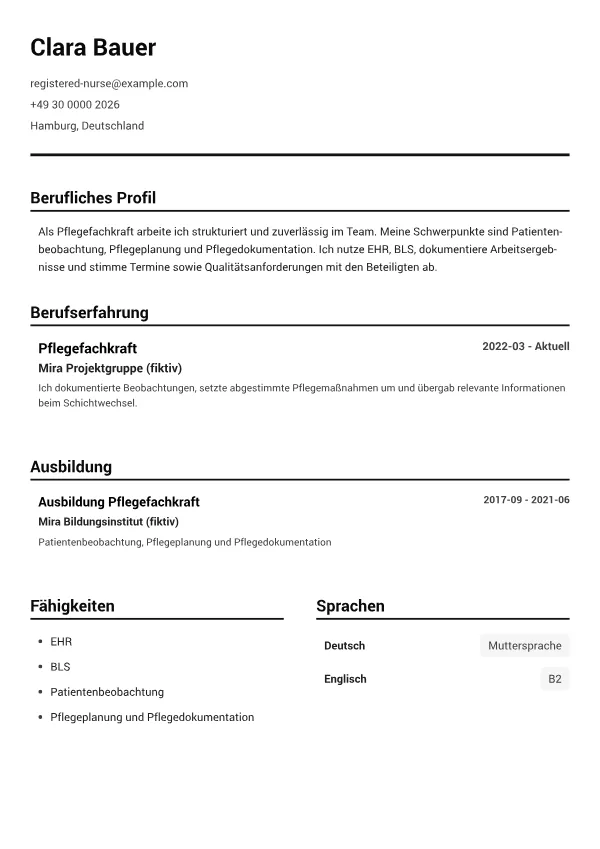 Pflegefachkraft CV – Schwarz-Weiß Klar