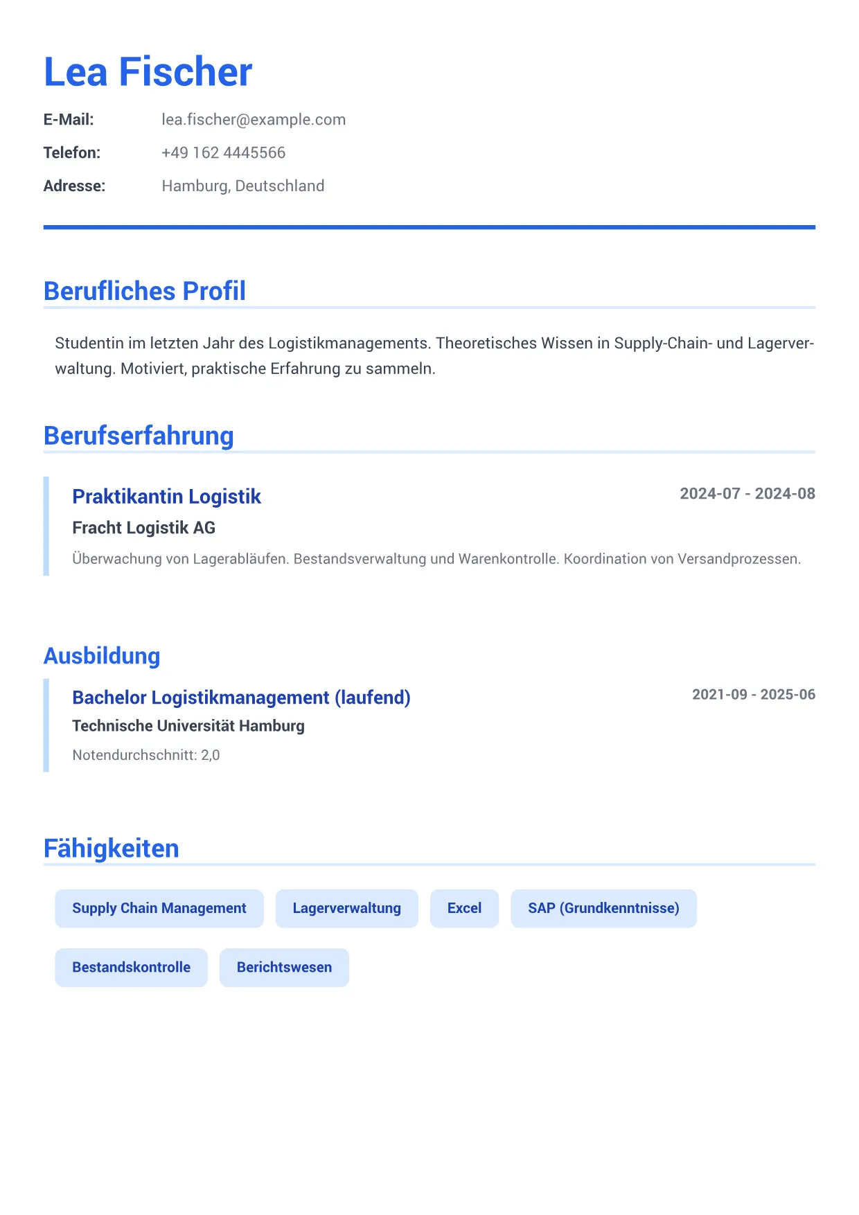Lebenslauf-Beispiel: Praktikant Logistik – Executive Blau (1/2)
