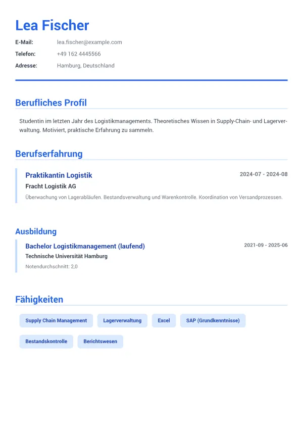 Praktikant Logistik CV – Executive Blau