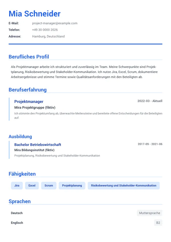Projektmanager CV – Executive Blau
