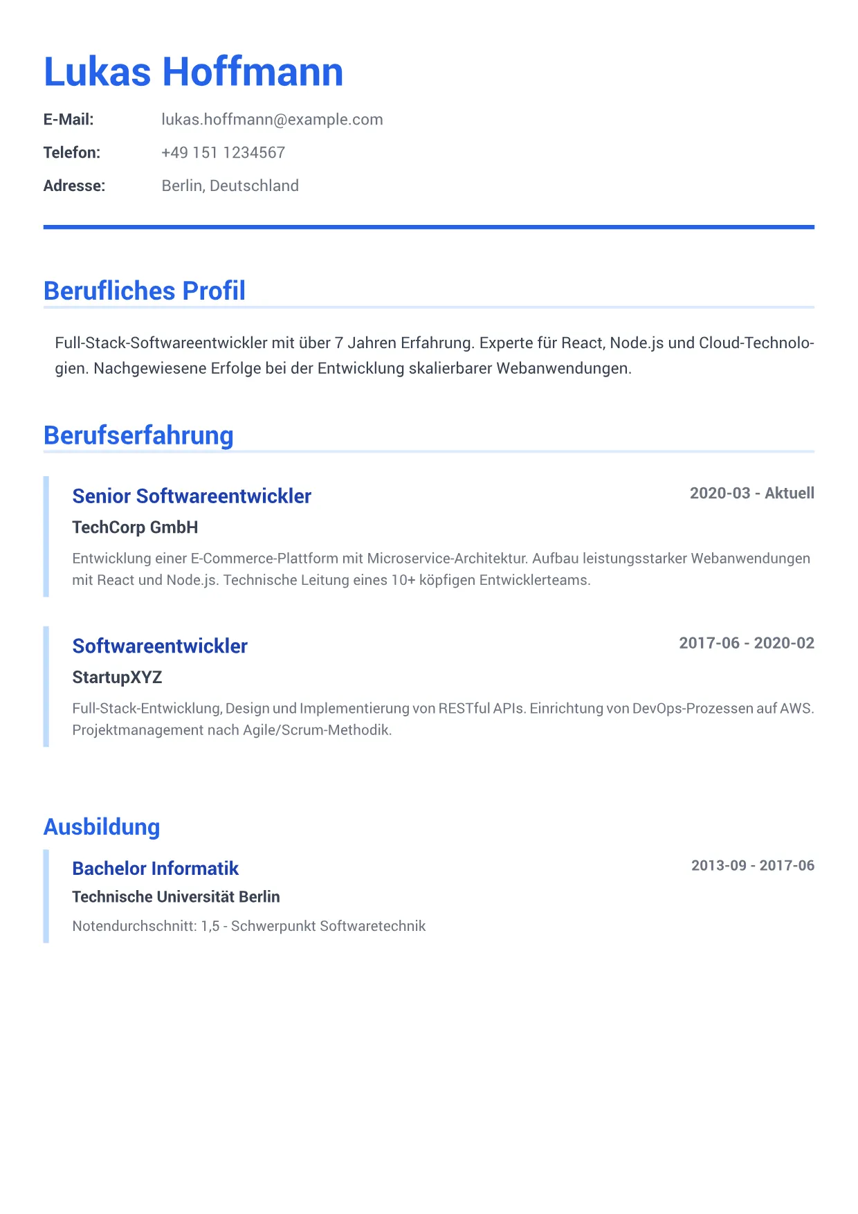 Lebenslauf-Beispiel: Softwareentwickler – Executive Blau (1/2)