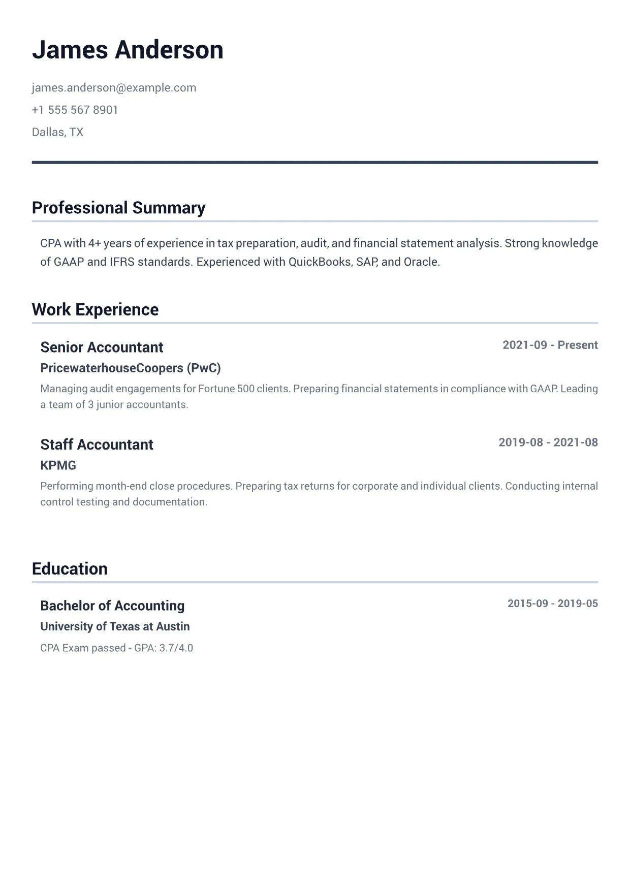 Accountant CV Example – Minimal Gray (1/2)