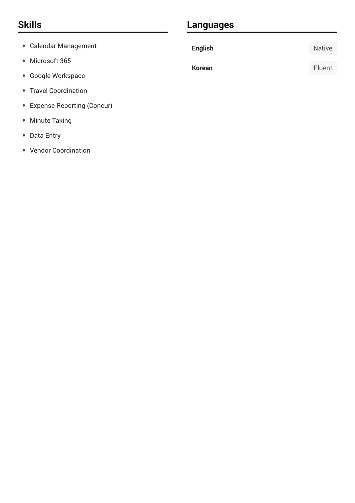 Administrative Assistant CV Example – Black & White Clear (2/2)