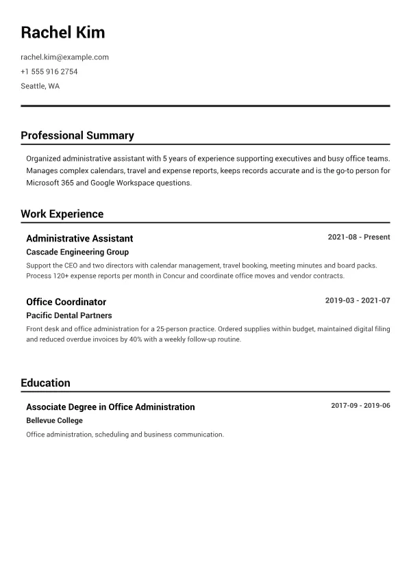 Administrative Assistant CV – Black & White Clear