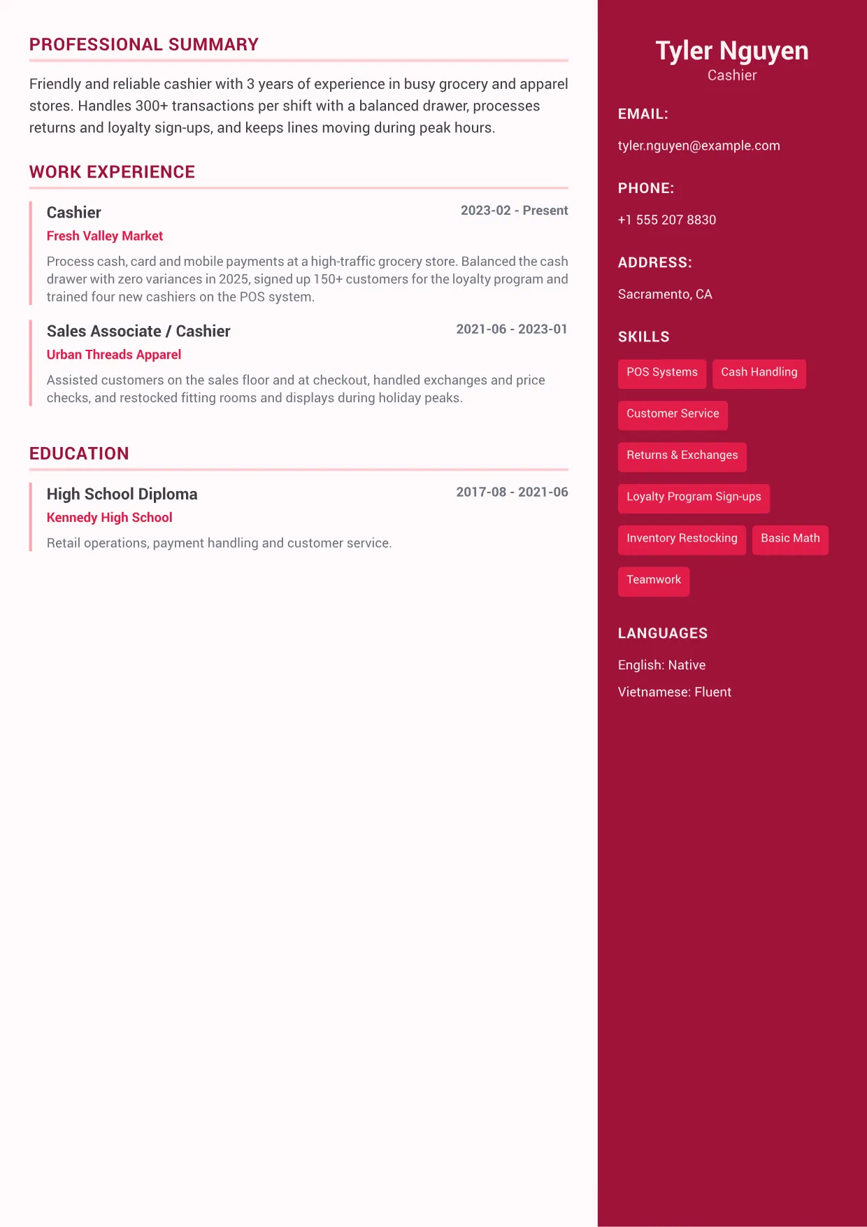 Cashier CV Example – Color Sidebar Plus (1/1)