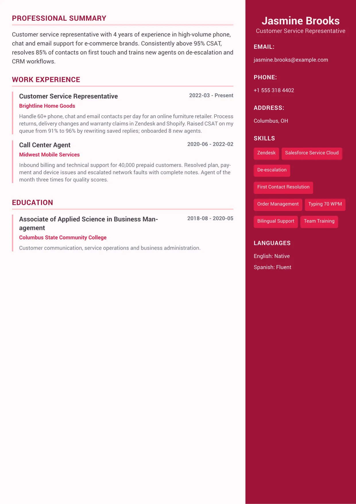 Customer Service Representative CV Example – Color Sidebar Plus (1/1)