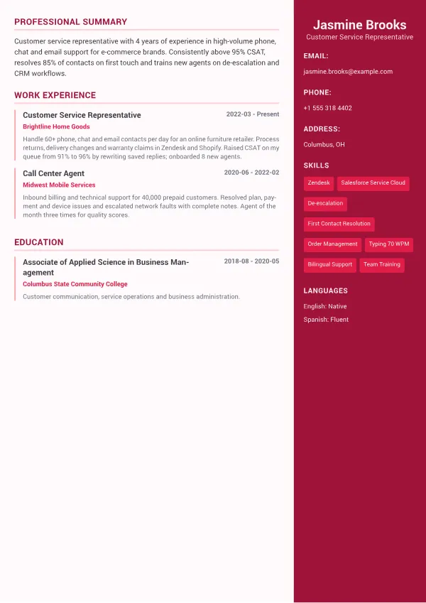 Customer Service Representative CV – Color Sidebar Plus
