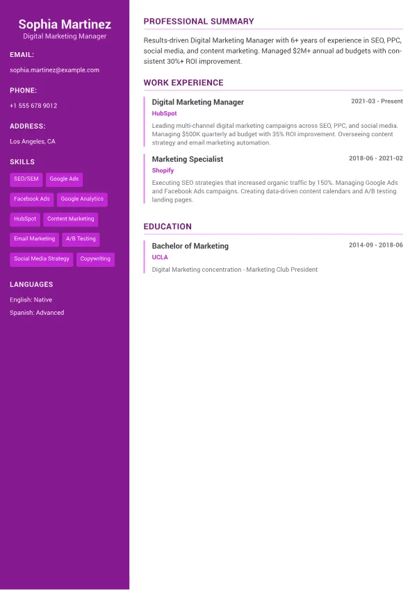 Digital Marketing Manager CV – Creative Accent