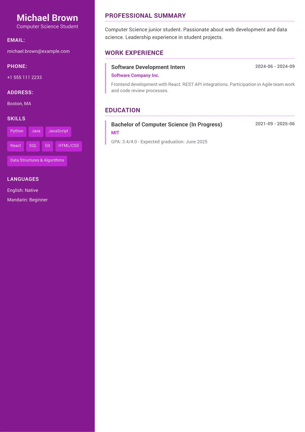 Engineering Intern CV Example – Creative Accent (1/1)