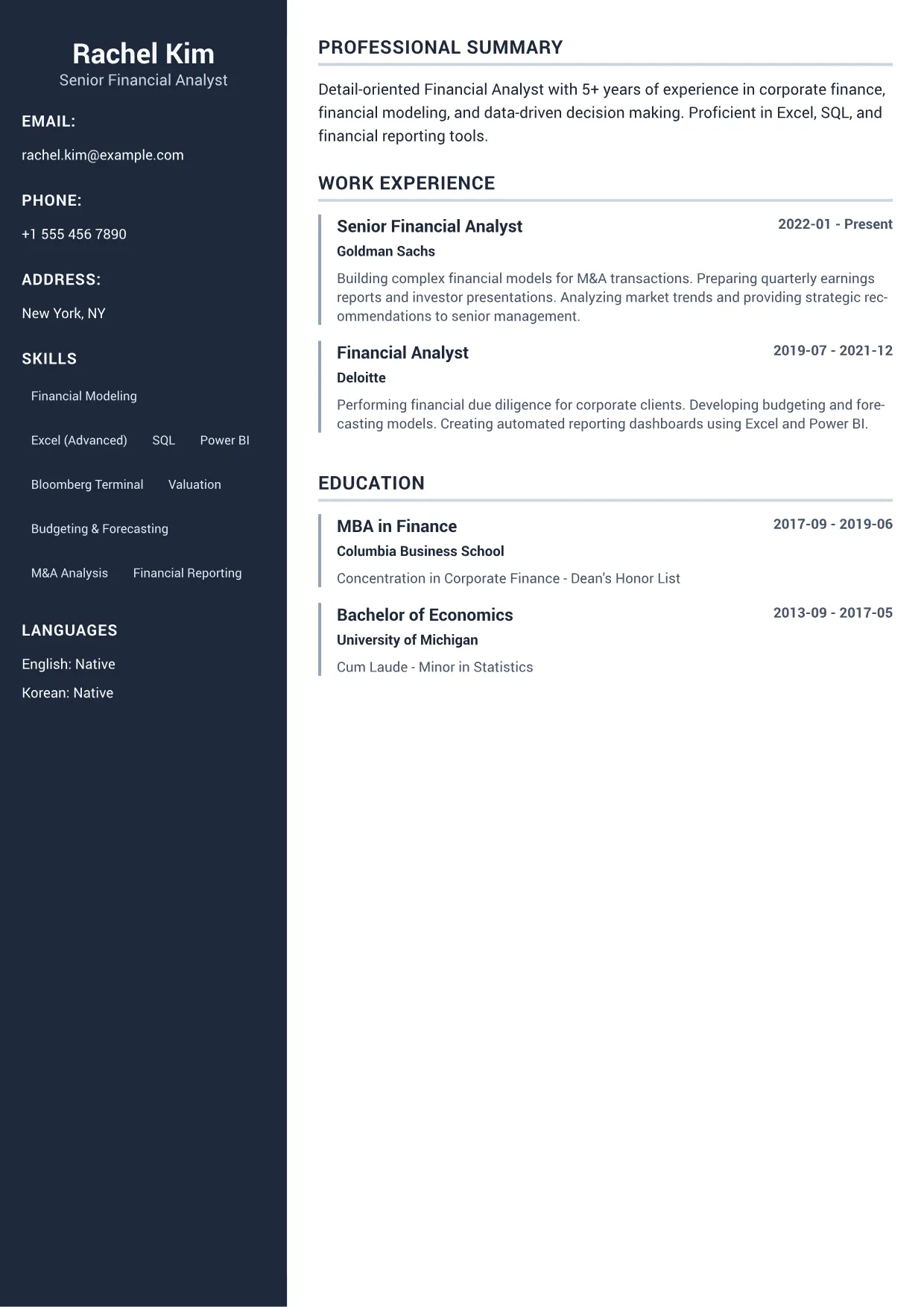 Financial Analyst CV Example – Professional Sidebar (1/1)