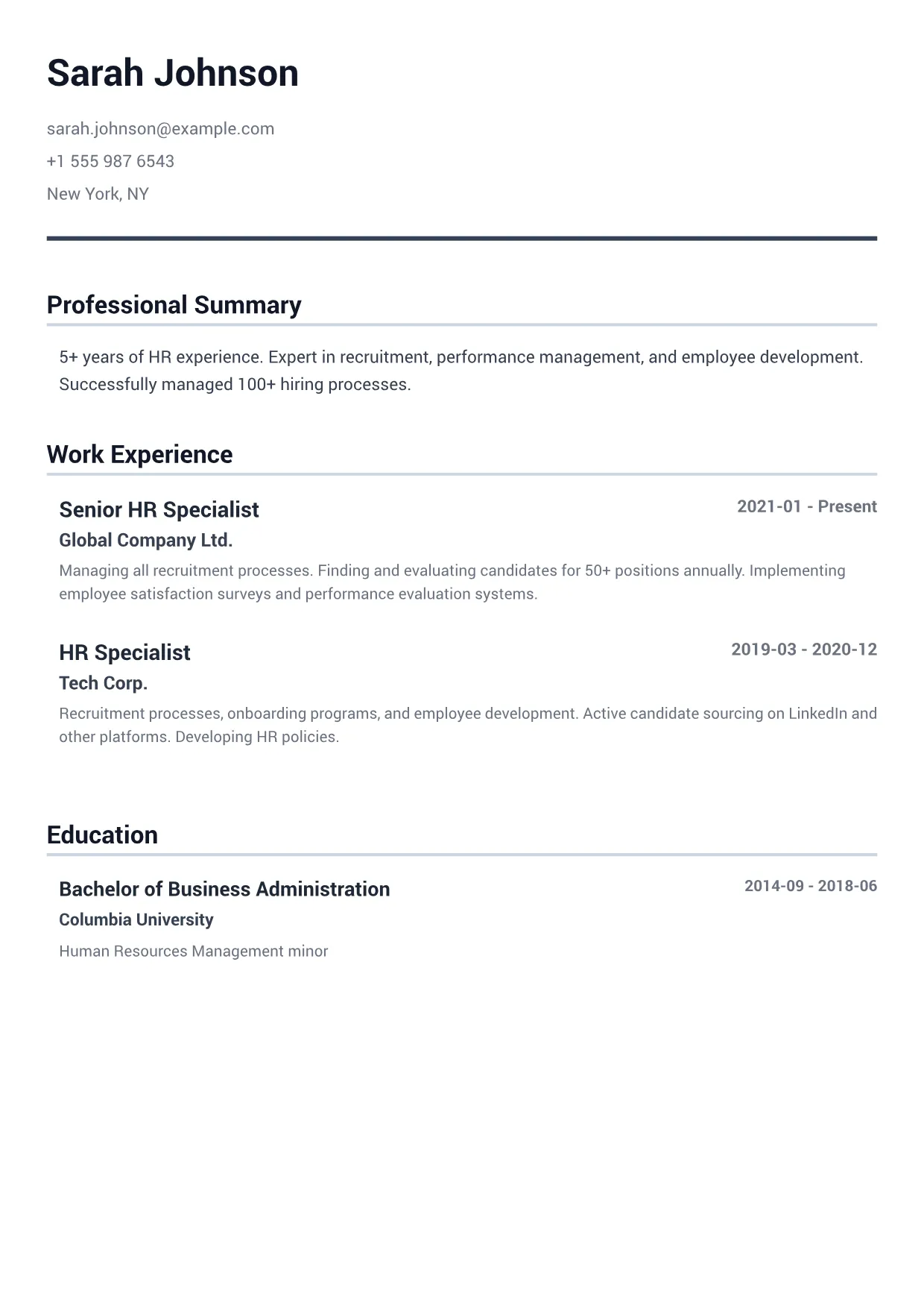 HR Specialist CV Example – Minimal Gray (1/2)