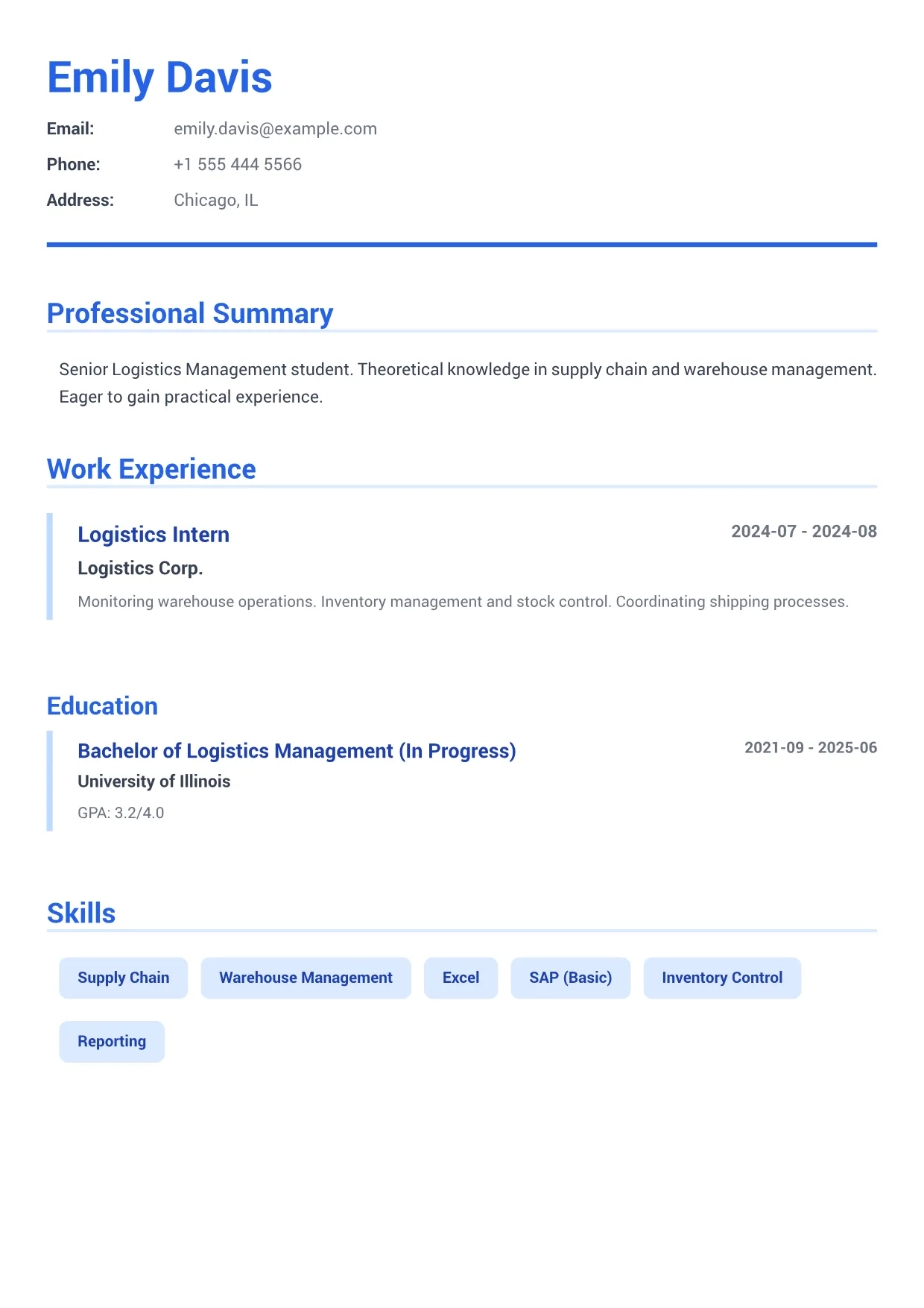 Logistics Intern CV Example – Executive Blue (1/2)