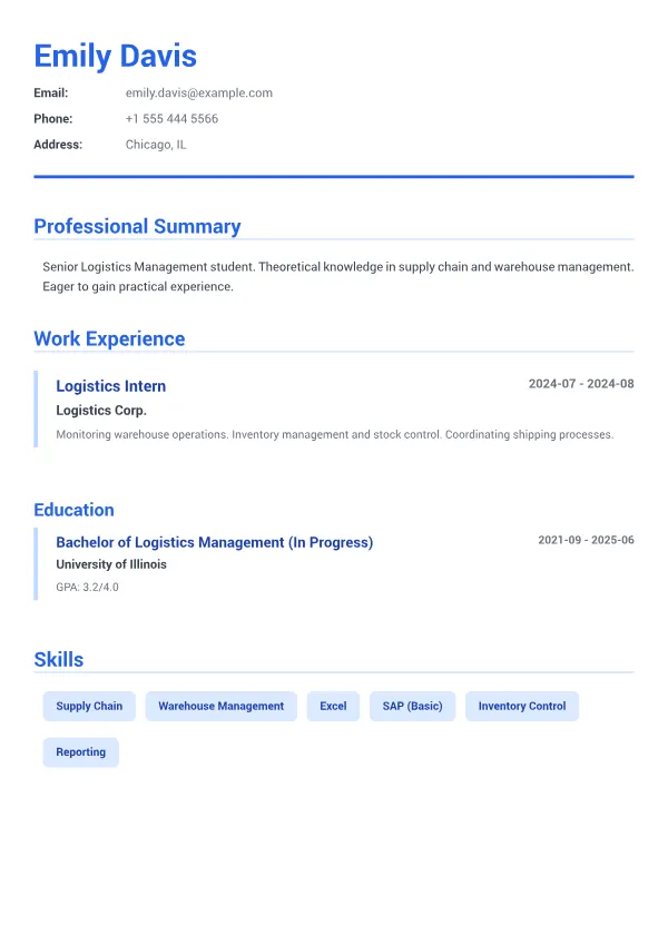 Logistics Intern CV – Executive Blue