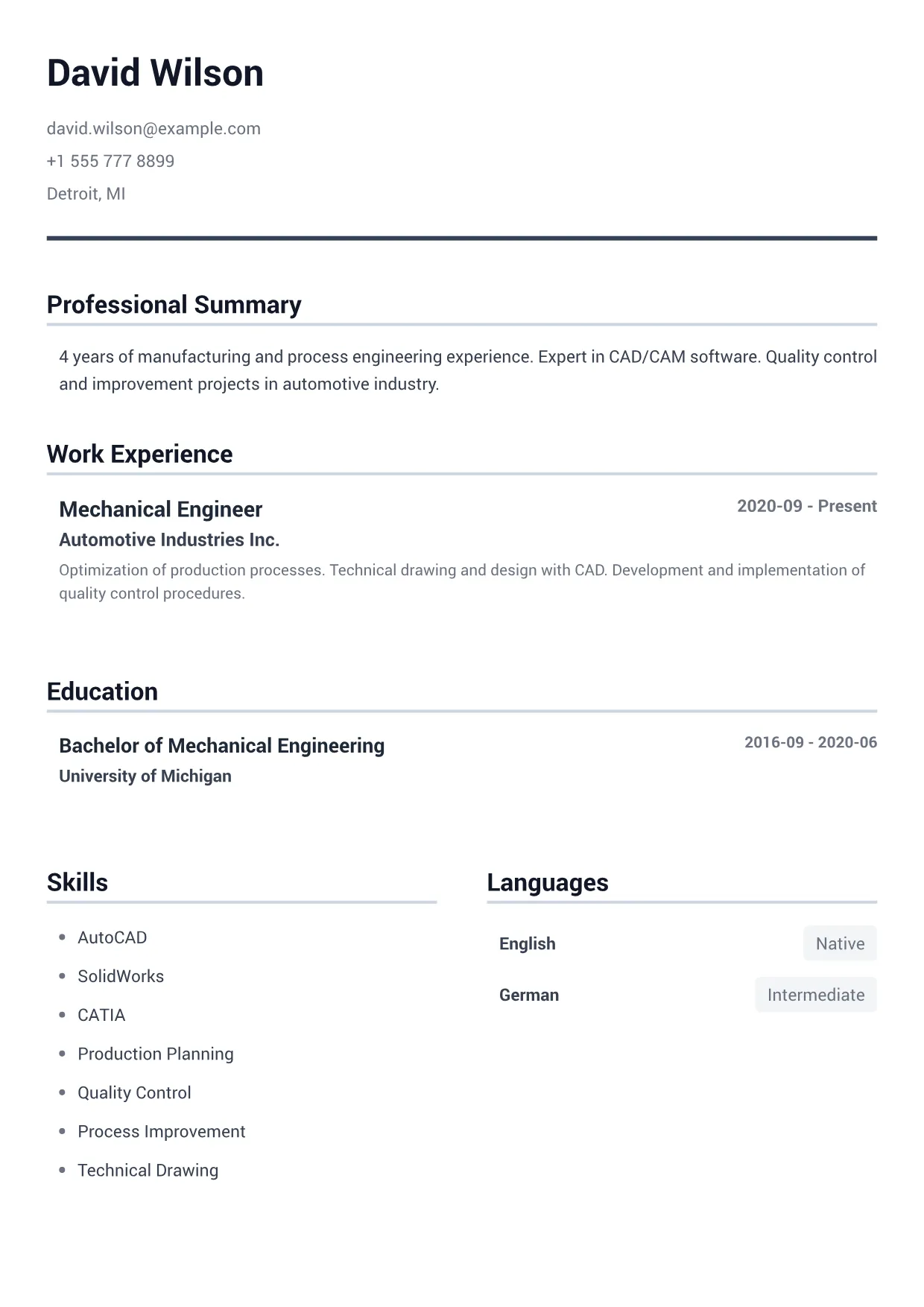 Mechanical Engineer CV Example – Minimal Gray (1/1)