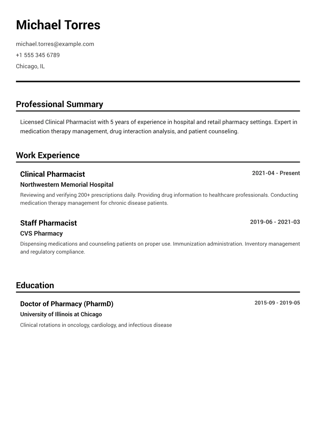 Pharmacist CV Example – Black & White Clear (1/2)