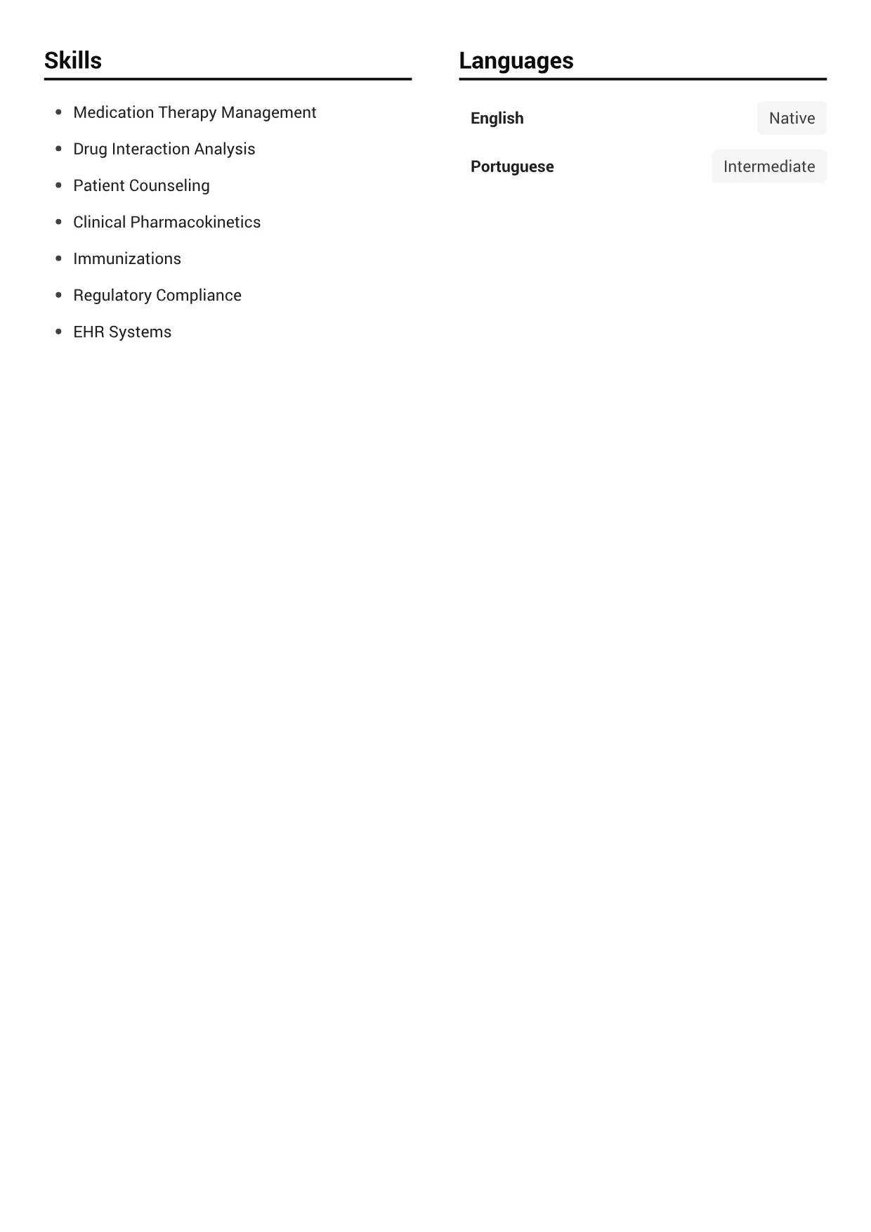 Pharmacist CV Example – Black & White Clear (2/2)