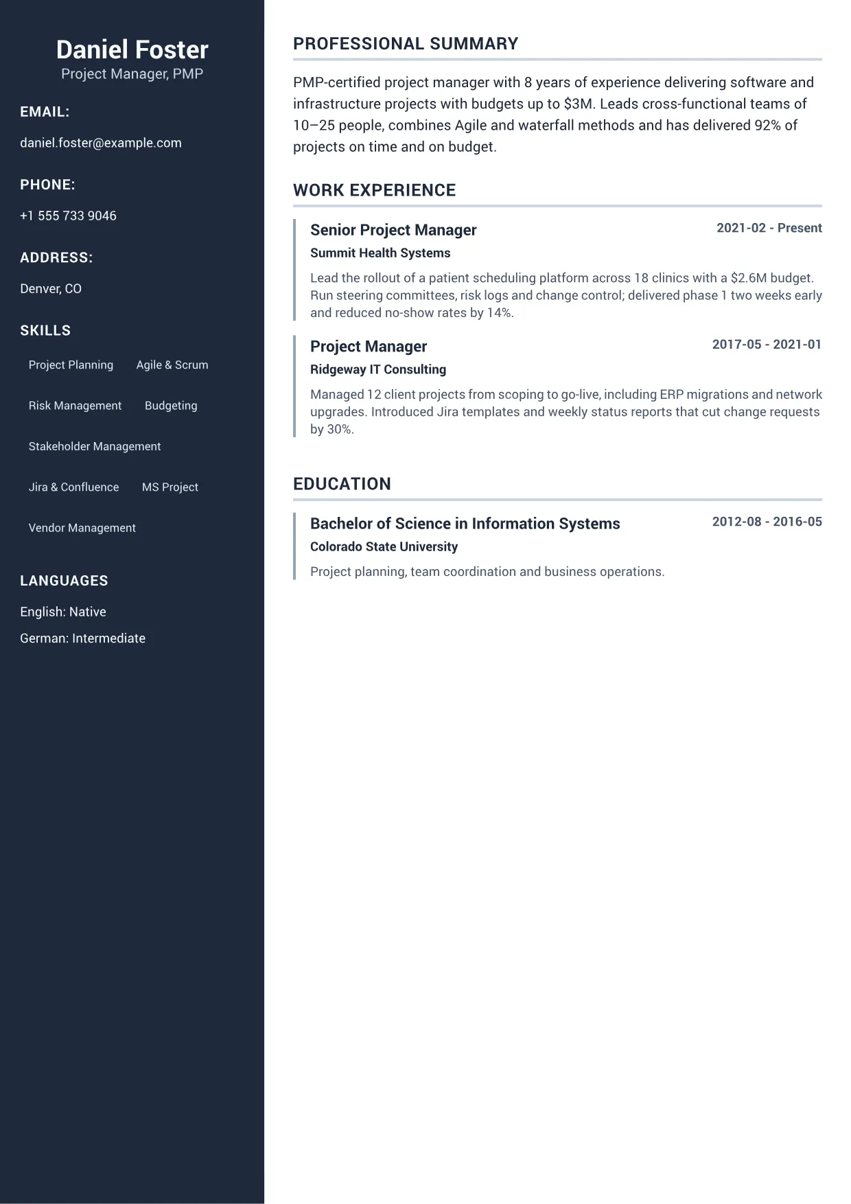 Project Manager CV Example – Professional Sidebar (1/1)
