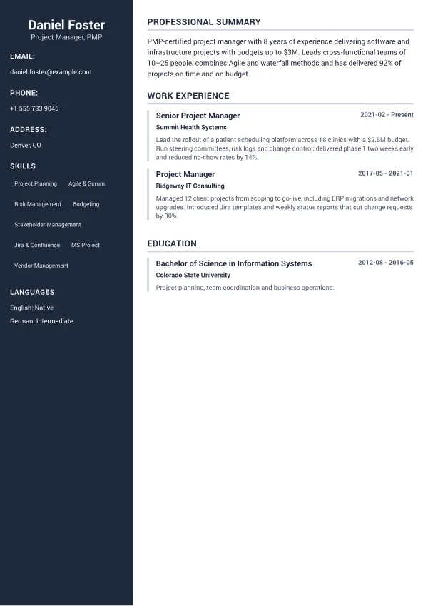 Project Manager CV – Professional Sidebar