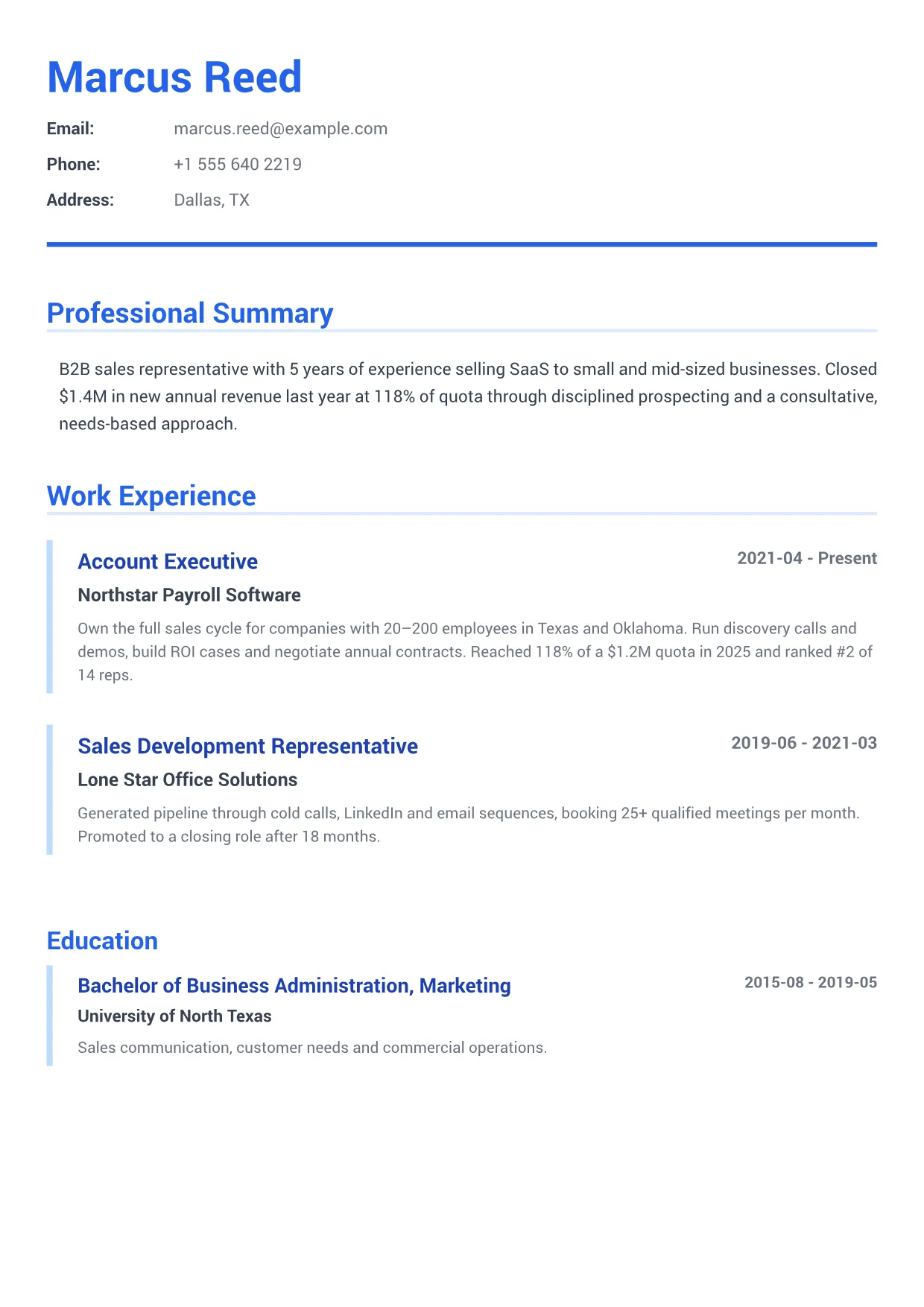 Sales Representative CV Example – Executive Blue (1/2)