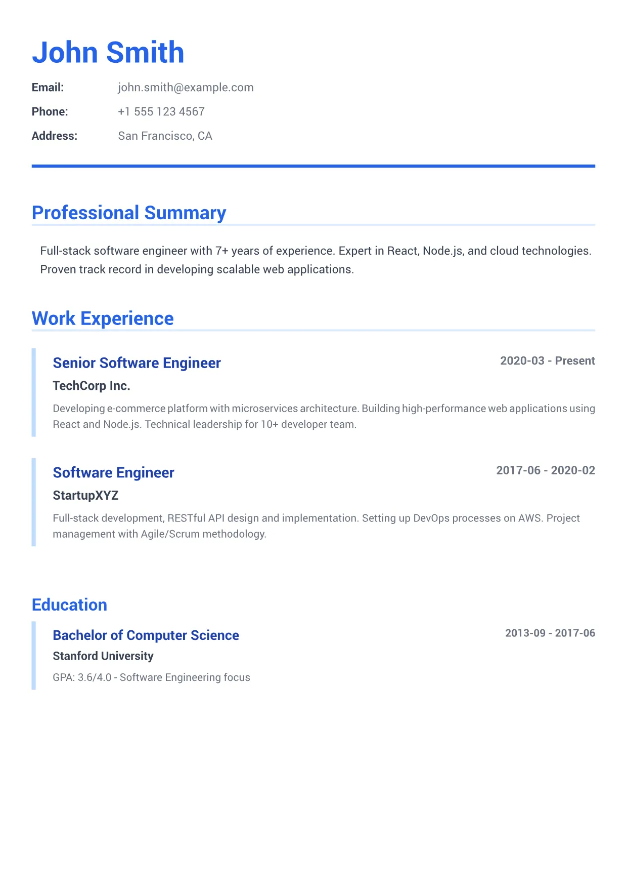 Software Engineer CV Example – Executive Blue (1/2)