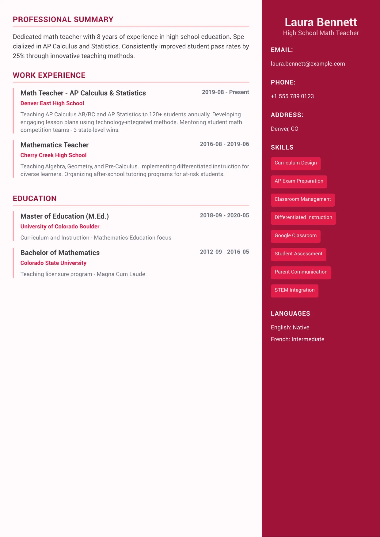 Teacher CV Example – Color Sidebar Plus (1/1)