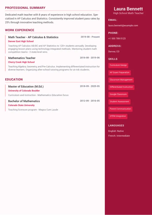 Teacher CV – Color Sidebar Plus