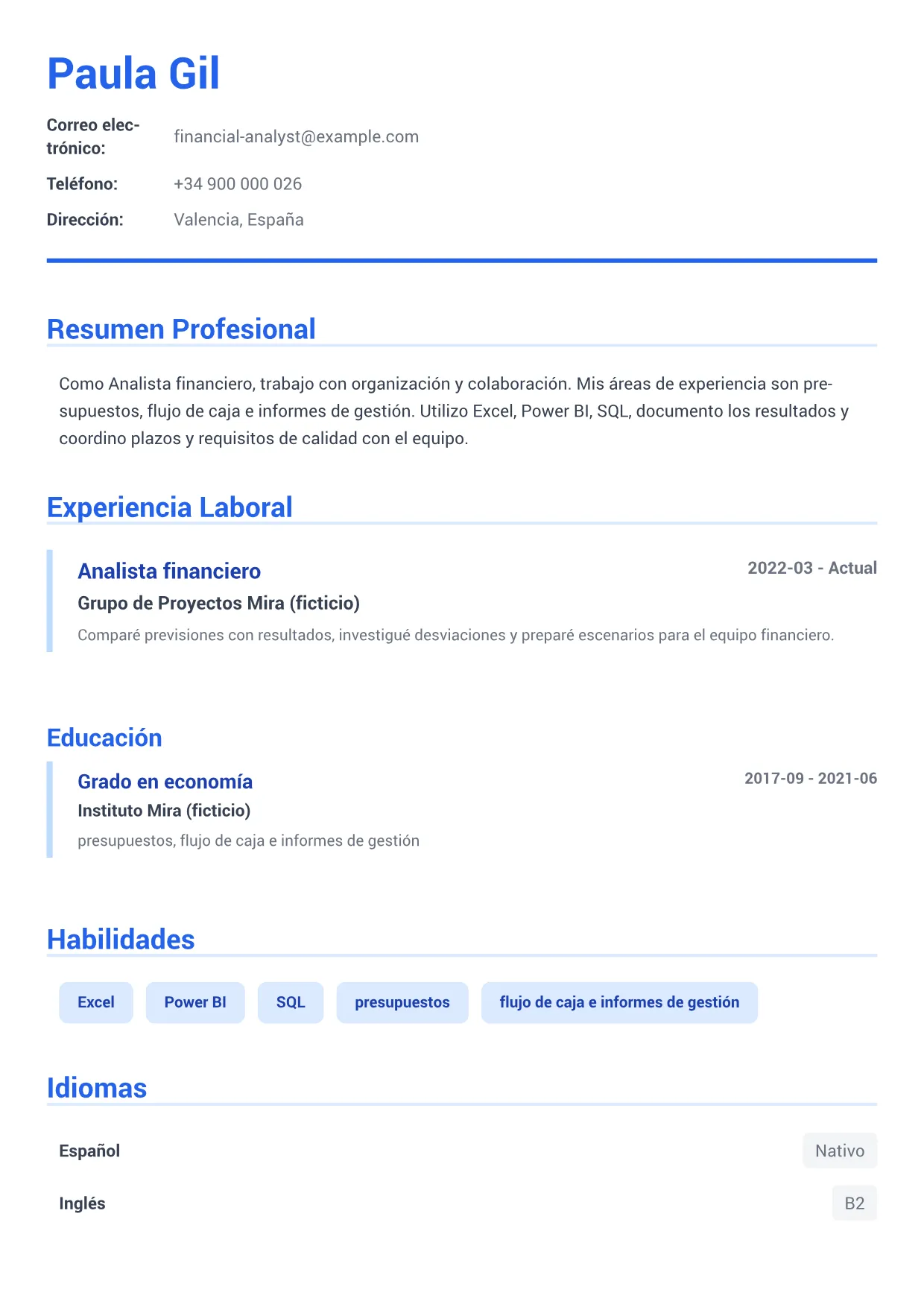 Ejemplo de CV de Analista financiero – Azul Ejecutivo (1/1)