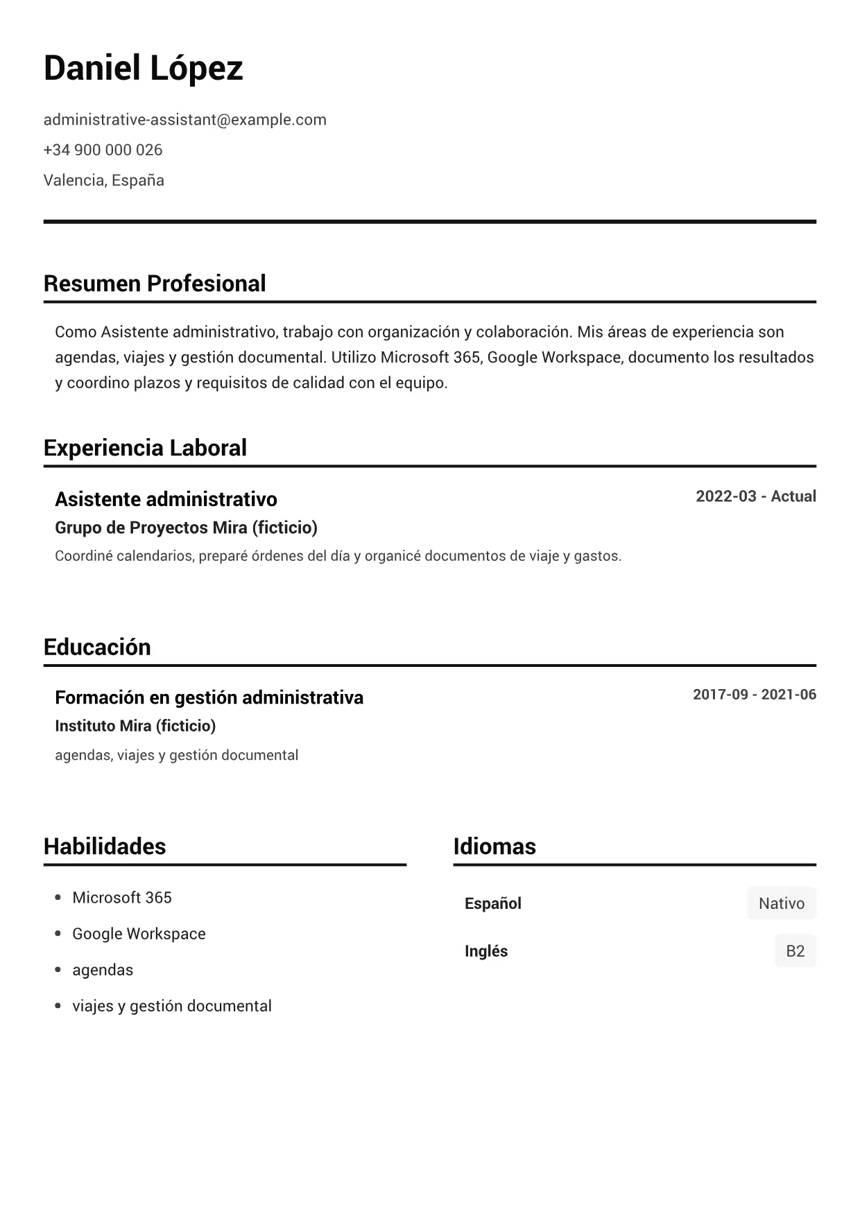 Ejemplo de CV de Asistente administrativo – Blanco y Negro Claro (1/1)