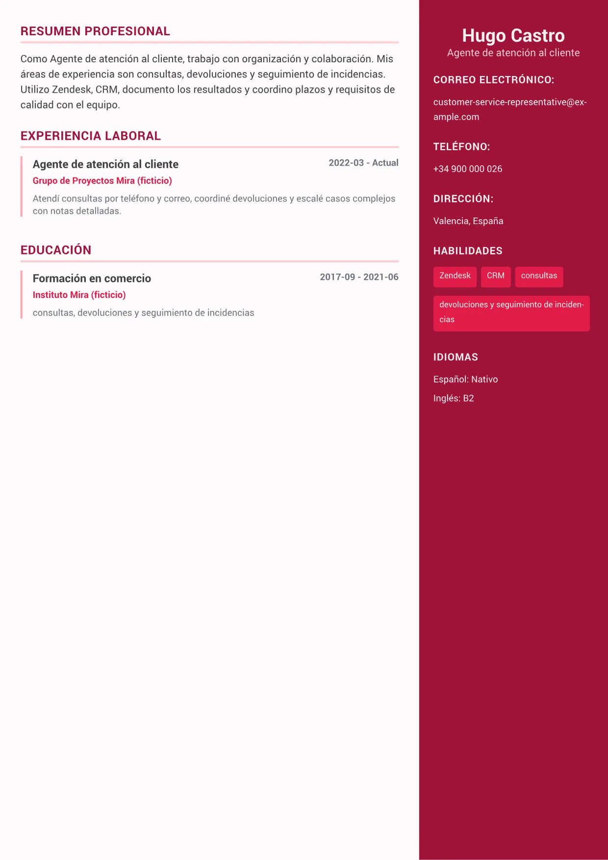 Ejemplo de CV de Agente de atención al cliente – Sidebar de Color Plus (1/1)