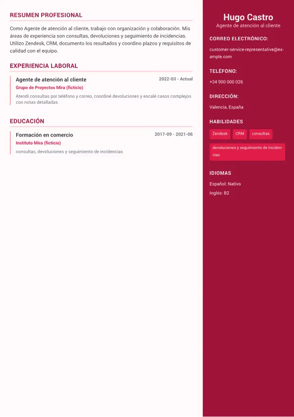 Agente de atención al cliente CV – Sidebar de Color Plus