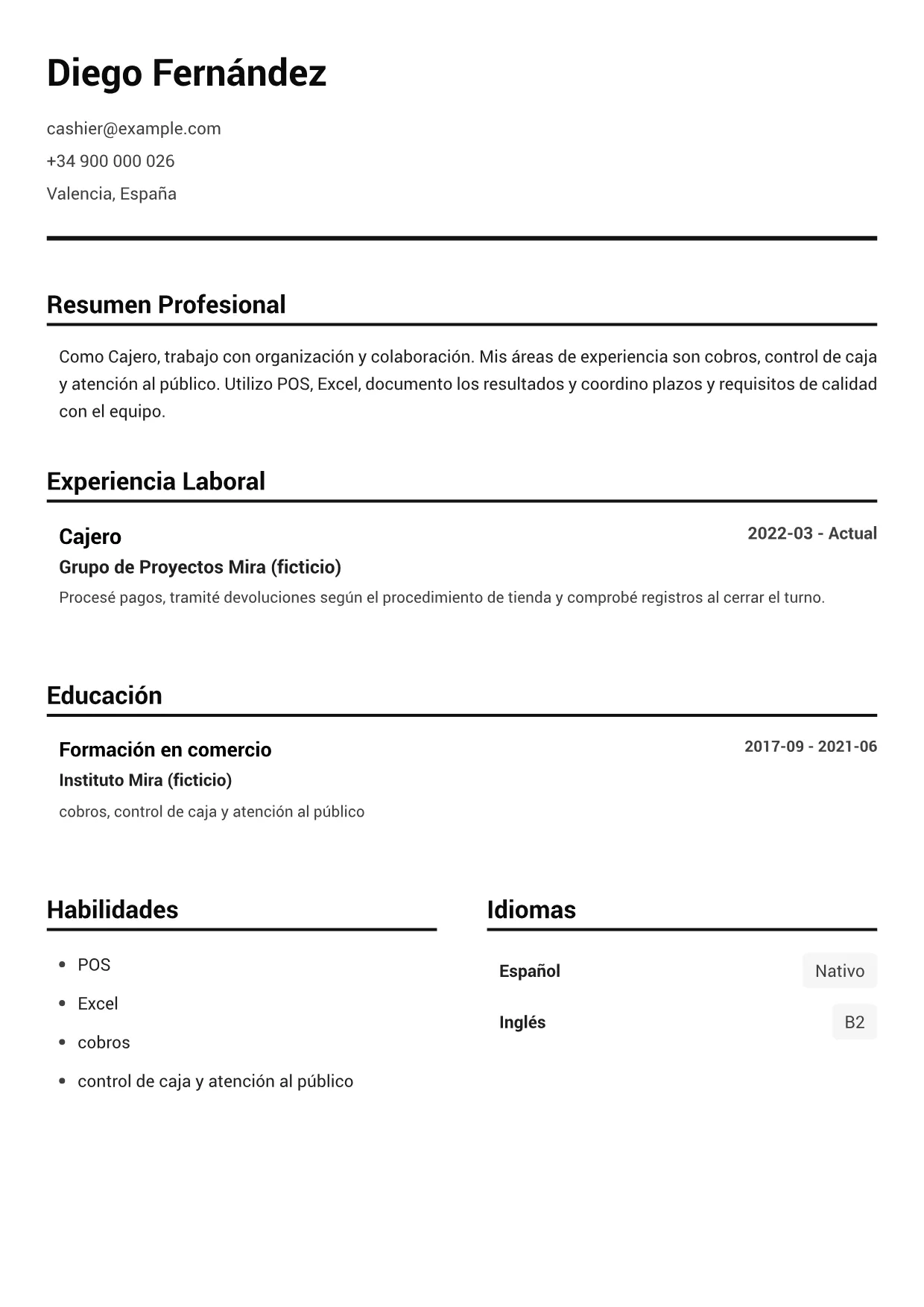 Ejemplo de CV de Cajero – Blanco y Negro Claro (1/1)