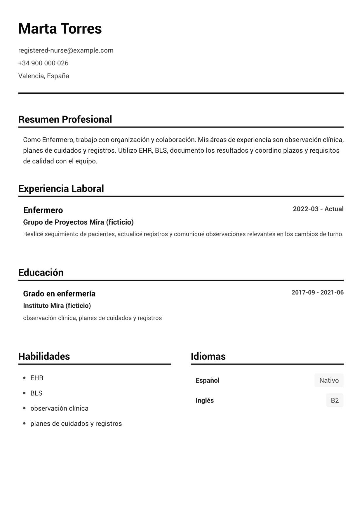 Ejemplo de CV de Enfermero – Blanco y Negro Claro (1/1)