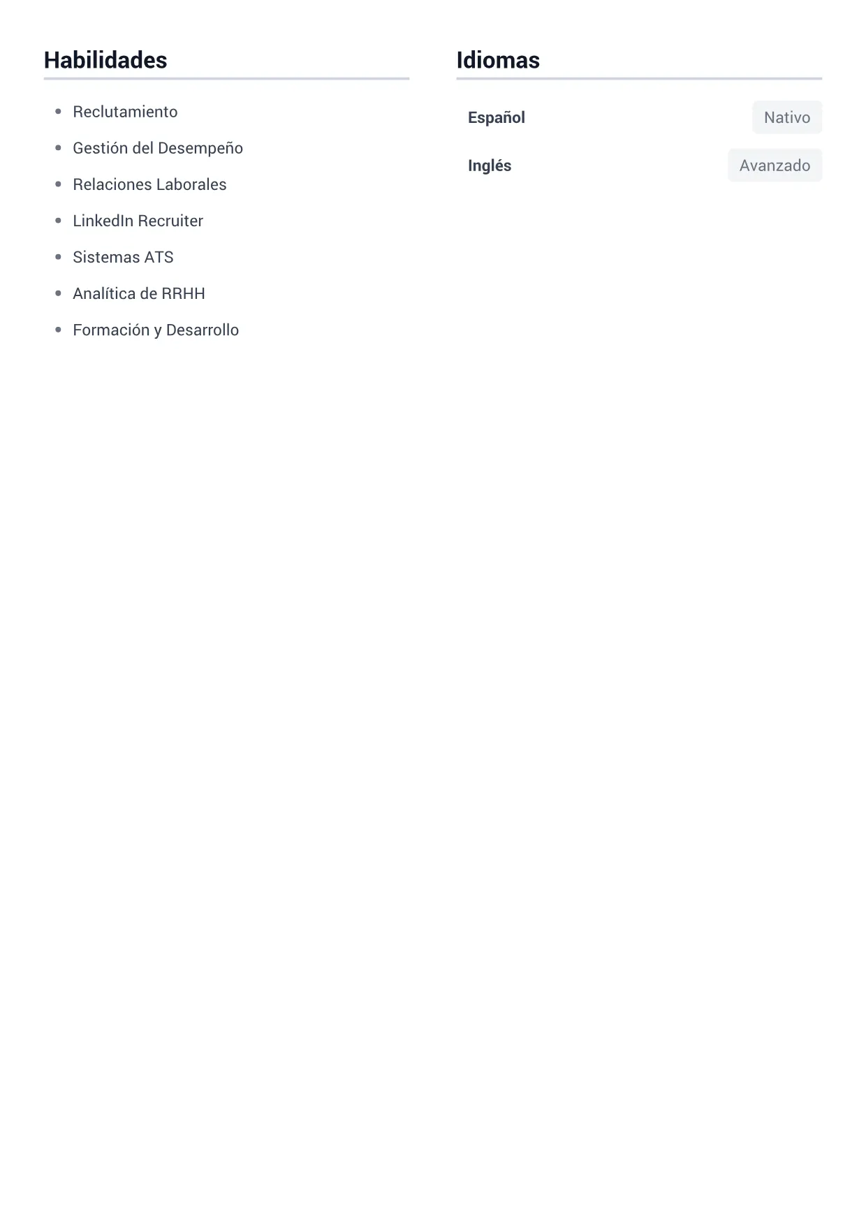 Ejemplo de CV de Especialista en Recursos Humanos – Gris Minimal (2/2)